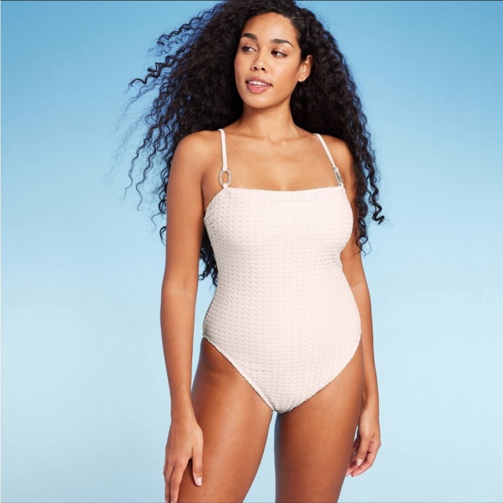 Crochet Oval Ring Strap Detail One Piece Swimsuit - Shade & Shore Cream XL